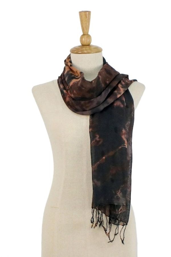 Alternate image for Tie-Dyed Fringed Cotton Wrap Scarf in Brown from Thailand Subtle Colors