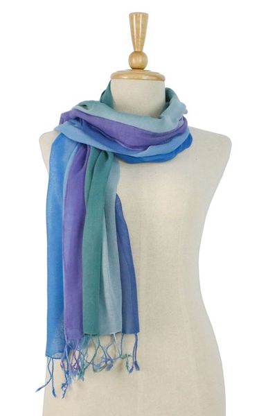 Alternate image for Handwoven Cotton Scarves in Cool Tones from Thailand Pair Summer Morning