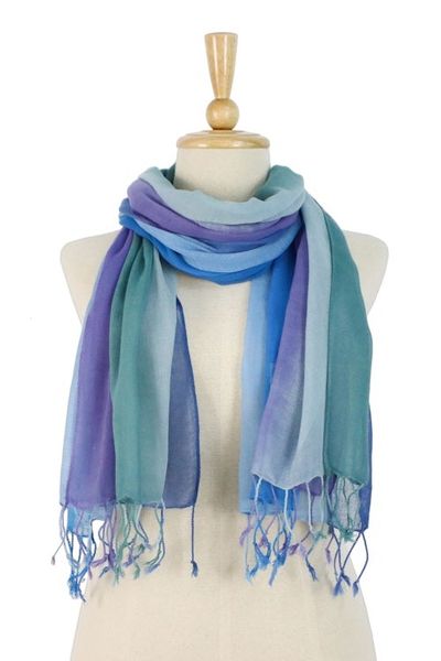 Alternate image for Handwoven Cotton Scarves in Cool Tones from Thailand Pair Summer Morning