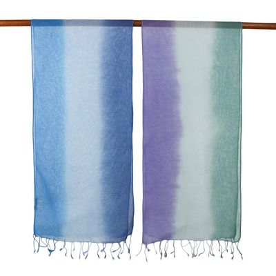 Alternate image for Handwoven Cotton Scarves in Cool Tones from Thailand Pair Summer Morning