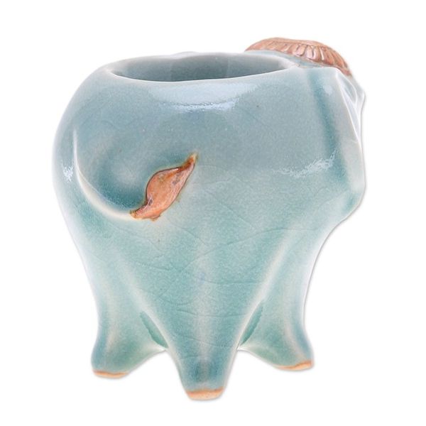 Alternate image for Handcrafted Thai Ceramic Elephant Tealight Holder in Green Bright Elephant in Green