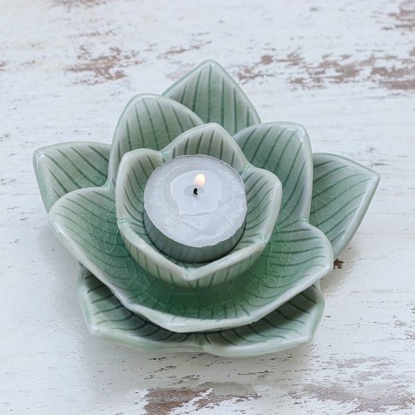 Alternate image for Lotus-Shaped Celadon Ceramic Tealight Candleholder in Green Blooming Lotus