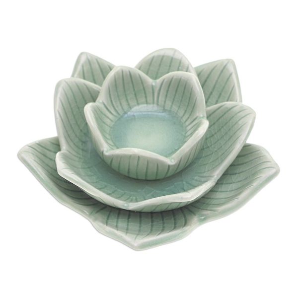 Alternate image for Lotus-Shaped Celadon Ceramic Tealight Candleholder in Green Blooming Lotus