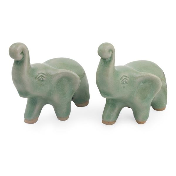 Alternate image for 2 Green Celadon Ceramic Handcrafted Lucky Elephant Figurines Lucky Green Elephants