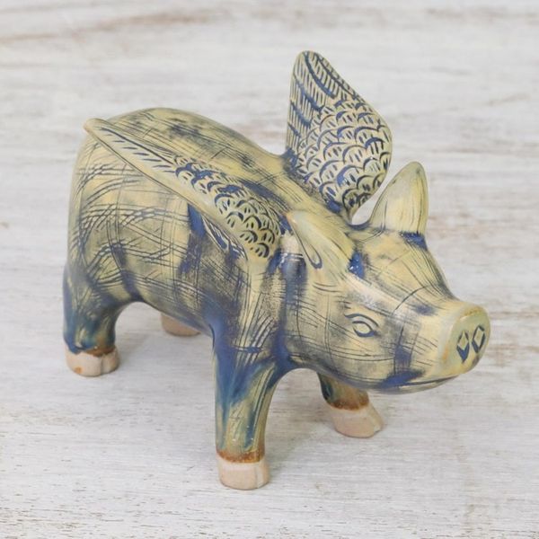 Alternate image for Ceramic Flying Pig in Mustard and Blue Shades Flying Pig