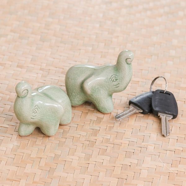 Alternate image for 2 Green Celadon Ceramic Handcrafted Lucky Elephant Figurines Lucky Green Elephants