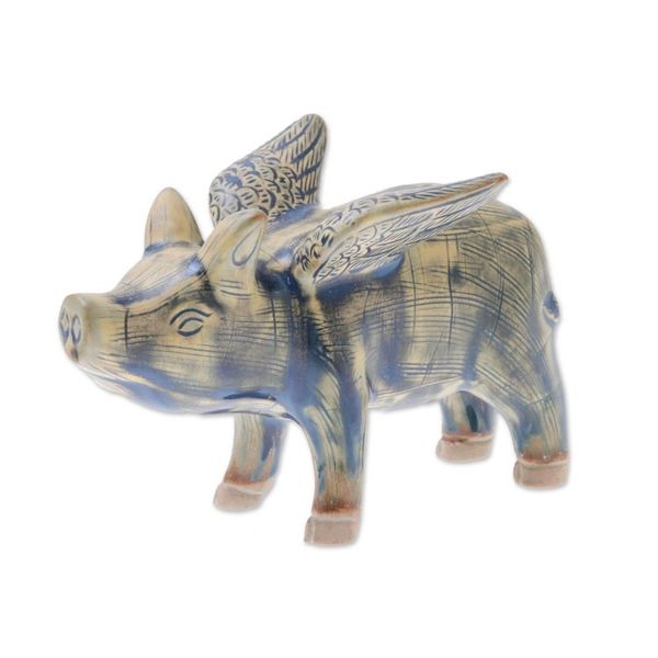 Alternate image for Ceramic Flying Pig in Mustard and Blue Shades Flying Pig