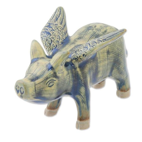 Alternate image for Ceramic Flying Pig in Mustard and Blue Shades Flying Pig