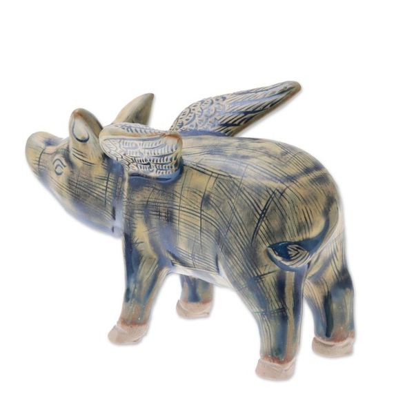 Alternate image for Ceramic Flying Pig in Mustard and Blue Shades Flying Pig