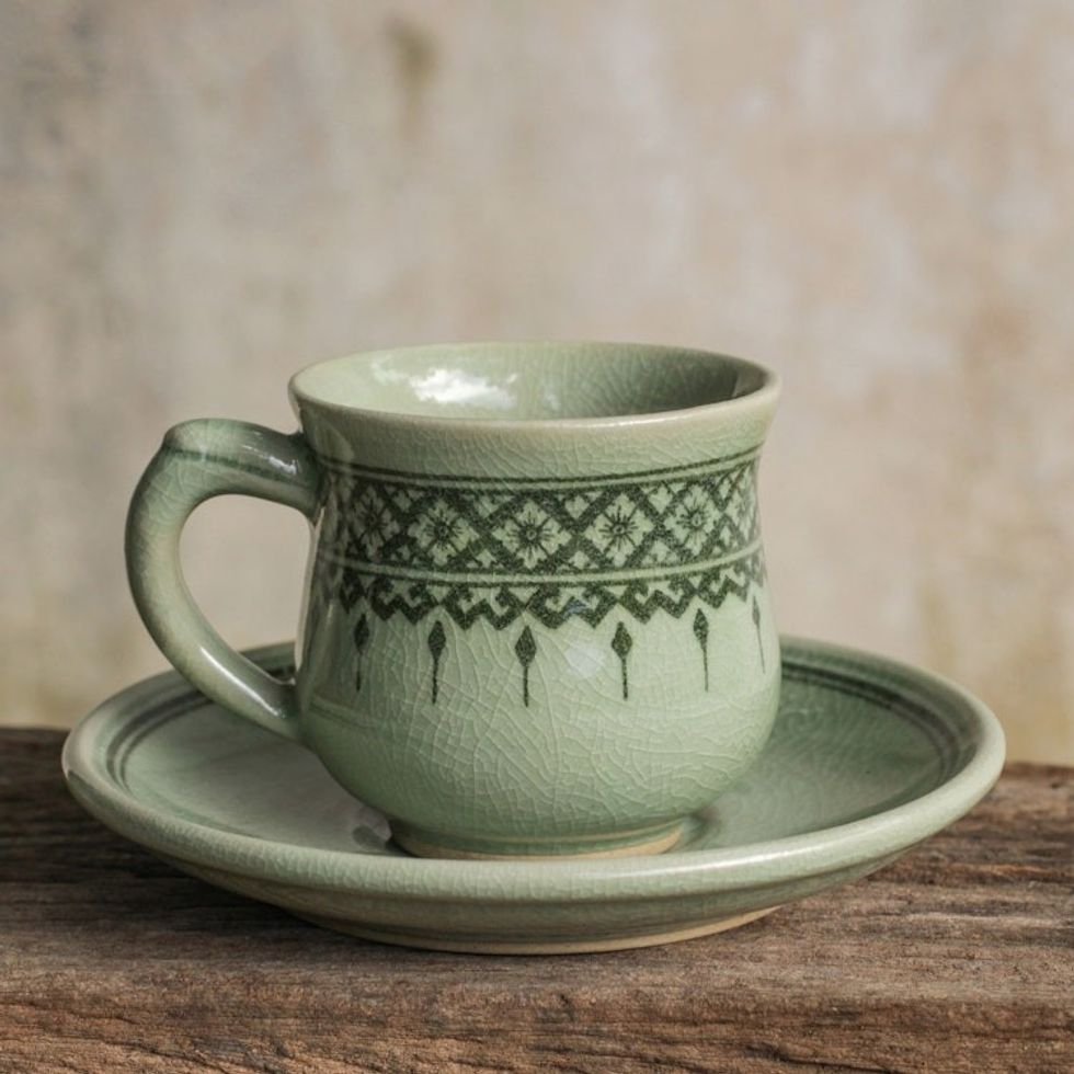 Thai Artisan Crafted Green Celadon Cup and Saucer 'Thai Weavings'