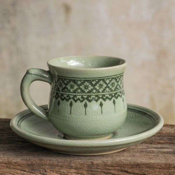Alternate image for Thai Artisan Crafted Green Celadon Cup and Saucer Thai Weavings