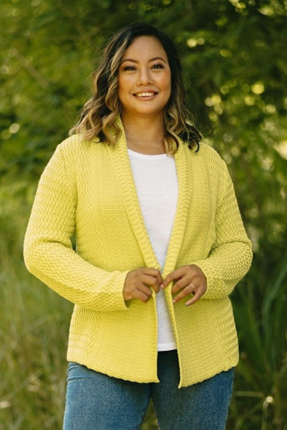 Knit Cotton Cardigan in Chartreuse from Thailand 'Zigzag Knit in Chartreuse'