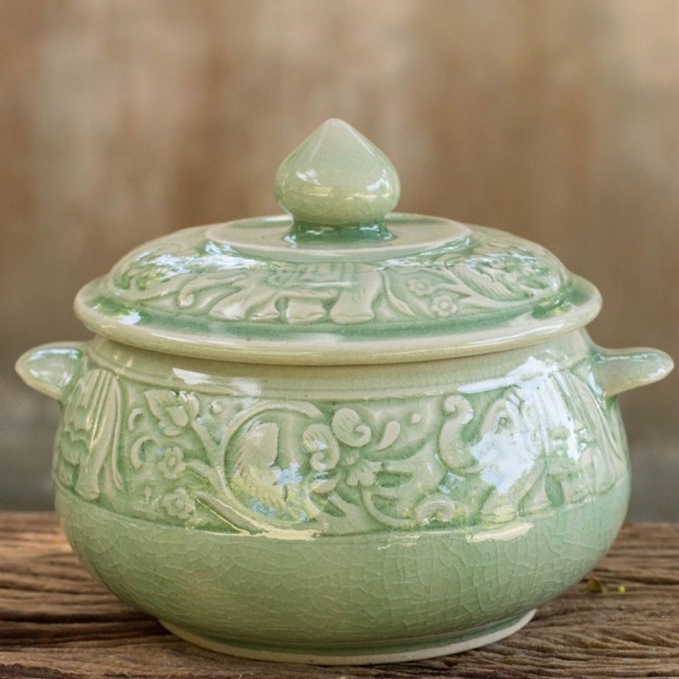 Crackled Green Thai Celadon Covered Bowl with Elephants 'Green Elephant Forest'