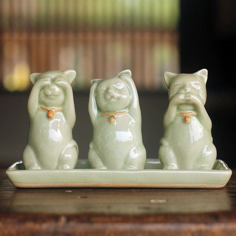 Celadon Ceramic Sculptures Set of 3 'Cats Shun Evil'