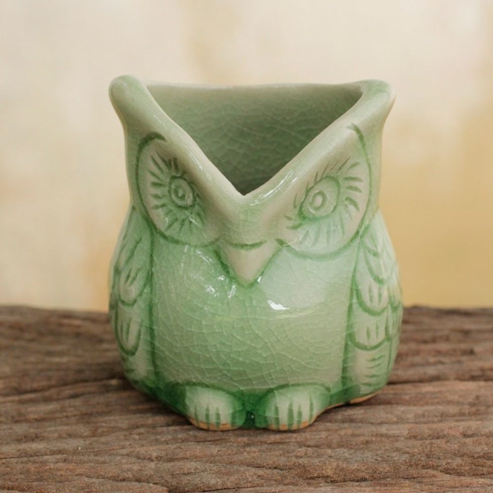 Handcrafted Green Thai Celadon Bird Theme Pot 'Happy Green Owl'