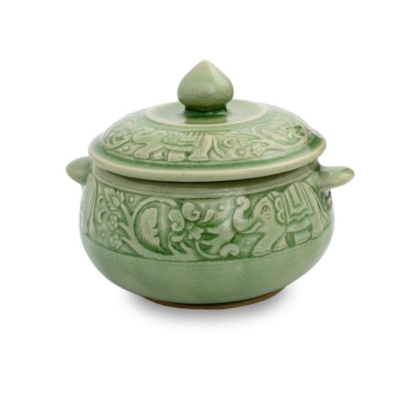 Alternate image for Crackled Green Thai Celadon Covered Bowl with Elephants Green Elephant Forest