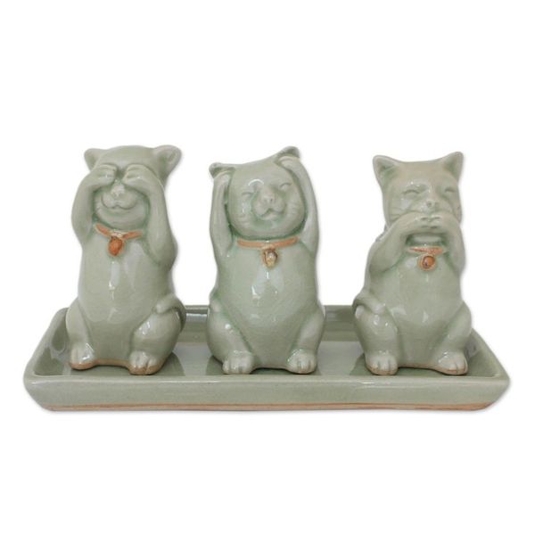 Alternate image for Celadon Ceramic Sculptures Set of 3 Cats Shun Evil