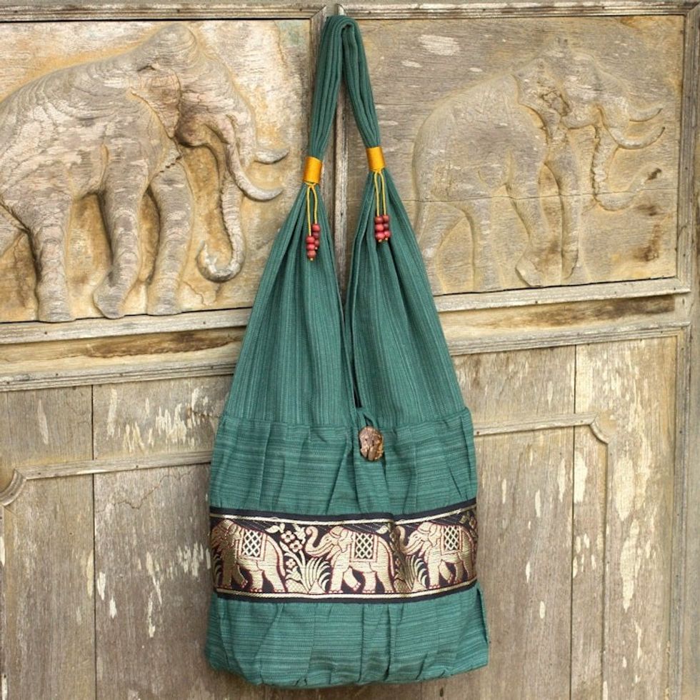 Elephant Embroidery Shoulder Bag 'Emerald Thai'