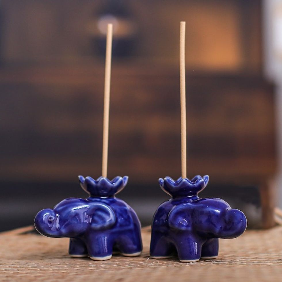 Blue Ceramic Elephant with Lotus Incense Holders Pair 'Lotus Elephant in Blue'