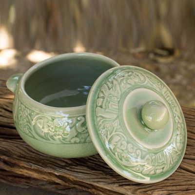 Alternate image for Crackled Green Thai Celadon Covered Bowl with Elephants Green Elephant Forest