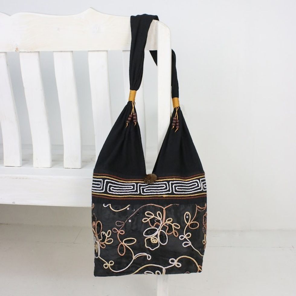 Floral Cotton Shoulder Bag from Thailand 'Floral Nighttime'