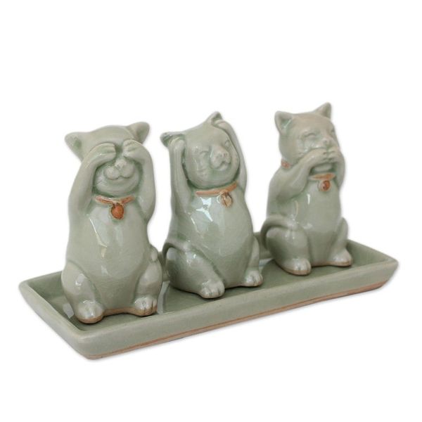 Alternate image for Celadon Ceramic Sculptures Set of 3 Cats Shun Evil