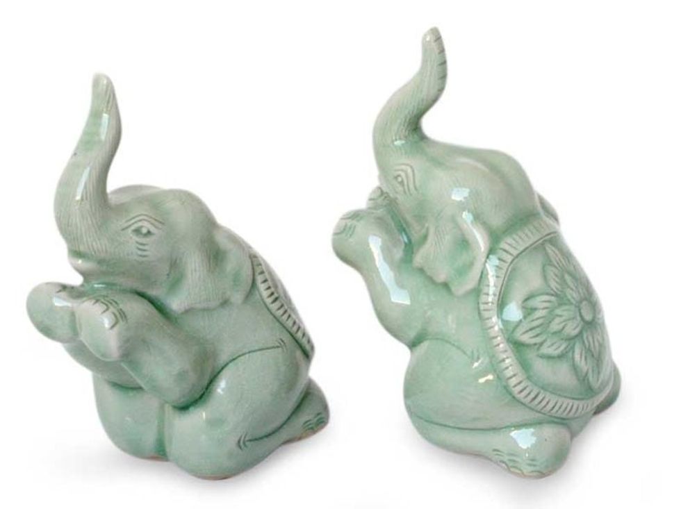 Green Celadon Ceramic Sculptures Pair 'Elephant Prayer'