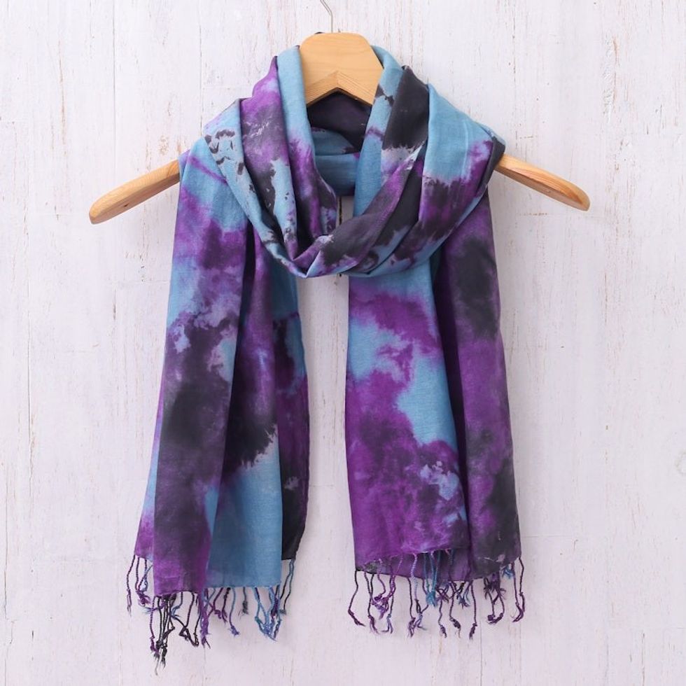 Thai Tie-Dyed Blue and Purple Cotton Scarf 'Amethyst Sky'