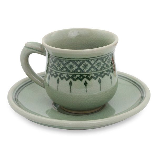 Alternate image for Thai Artisan Crafted Green Celadon Cup and Saucer Thai Weavings