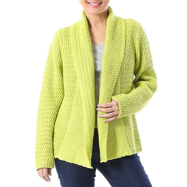 Alternate image for Knit Cotton Cardigan in Chartreuse from Thailand Zigzag Knit in Chartreuse