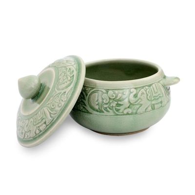 Alternate image for Crackled Green Thai Celadon Covered Bowl with Elephants Green Elephant Forest