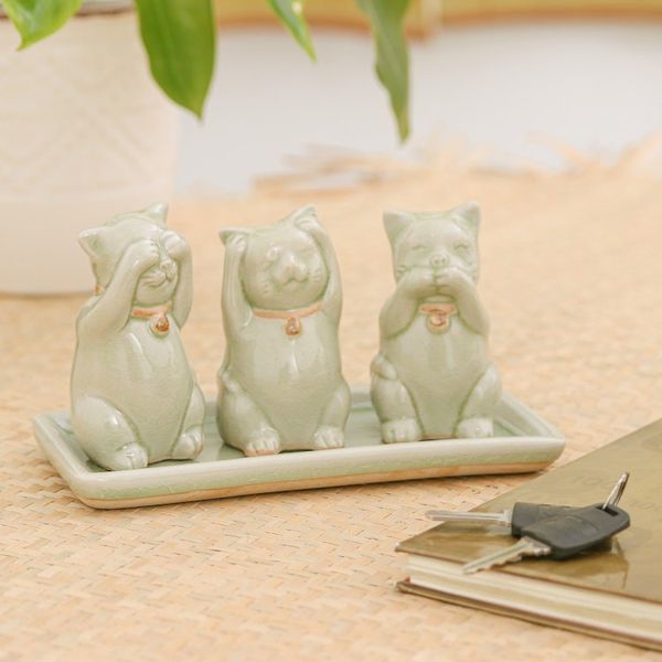 Alternate image for Celadon Ceramic Sculptures Set of 3 Cats Shun Evil