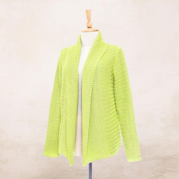 Alternate image for Knit Cotton Cardigan in Chartreuse from Thailand Zigzag Knit in Chartreuse