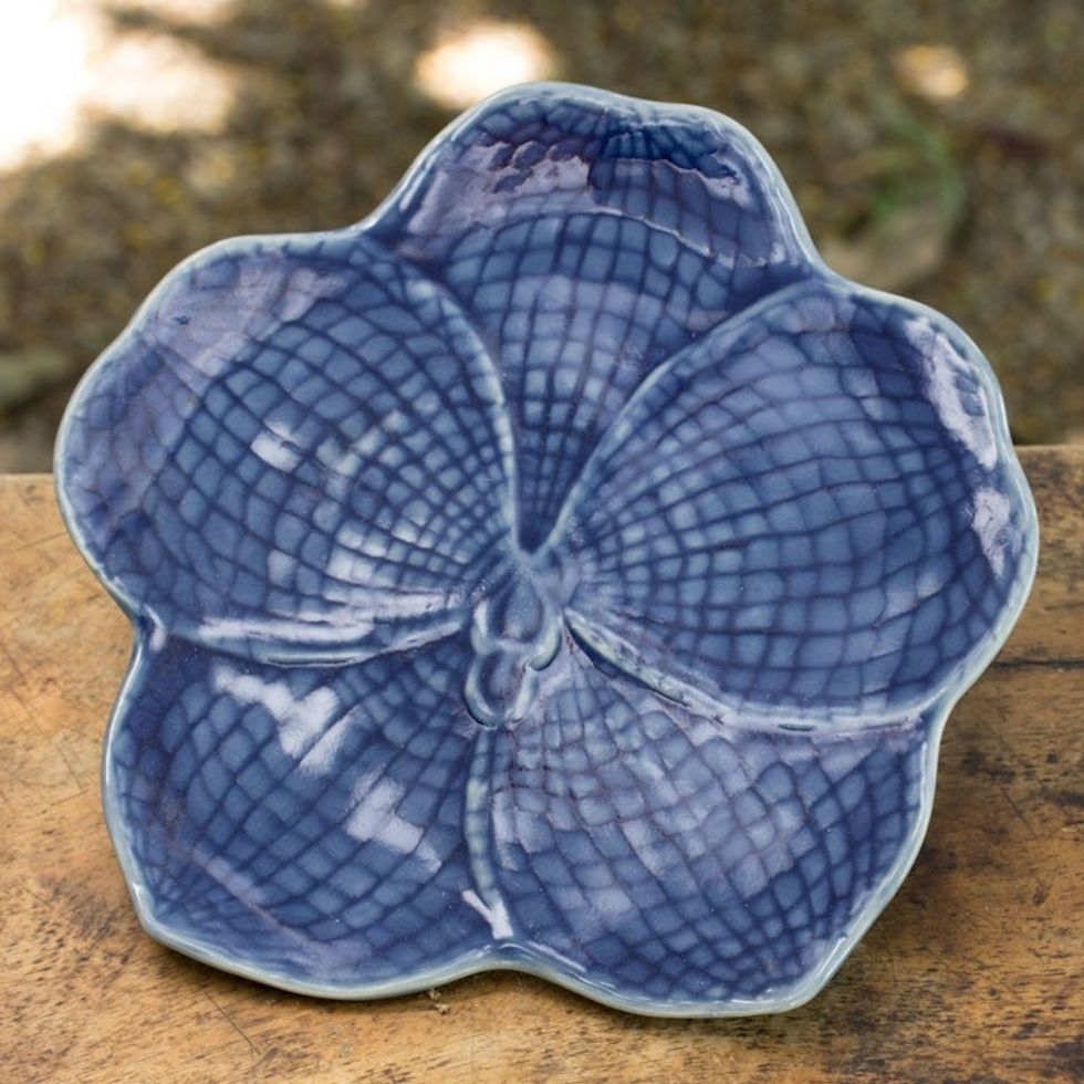 Floral Celadon Ceramic Serving Plate 'Blue Vanda'