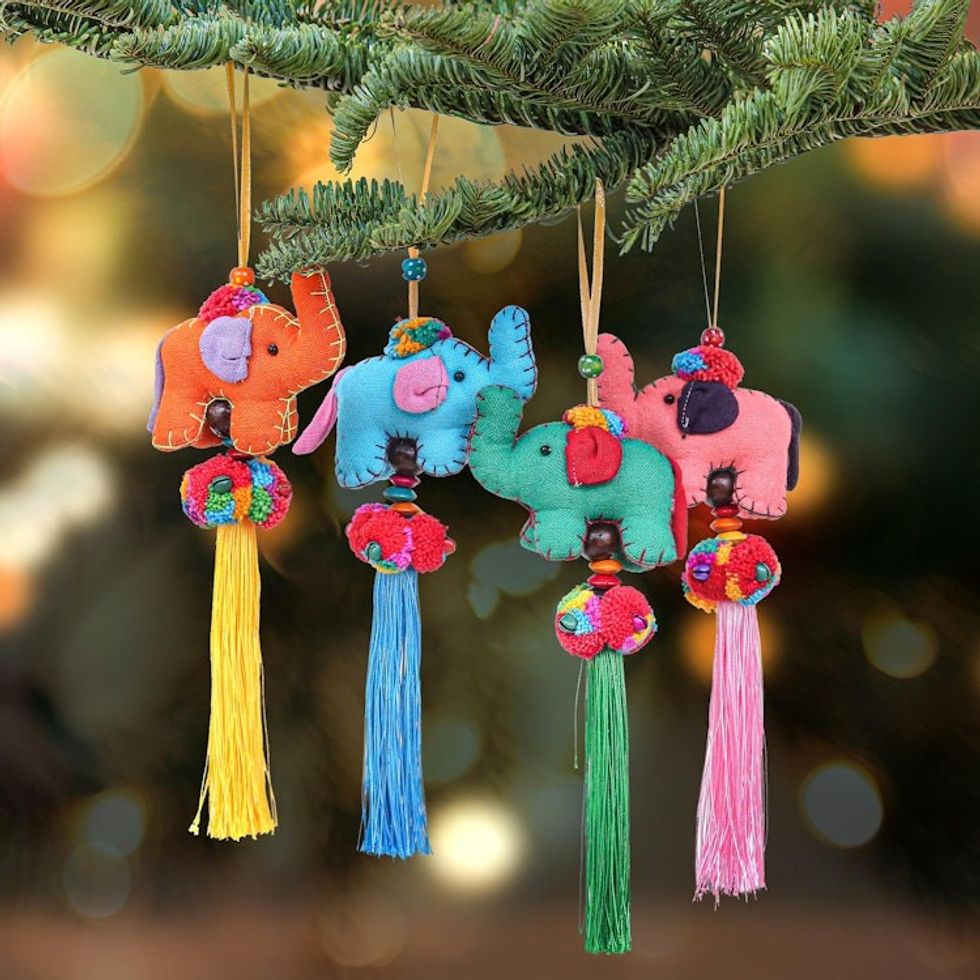 Handcrafted Cotton Blend Elephant Ornaments Set of 4 'Festive Parade'