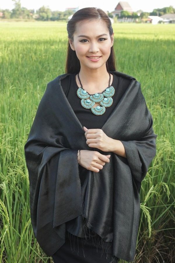 Alternate image for Rayon and Silk Blend Shawl in Black Floral Damask Subtle Elegance in Black
