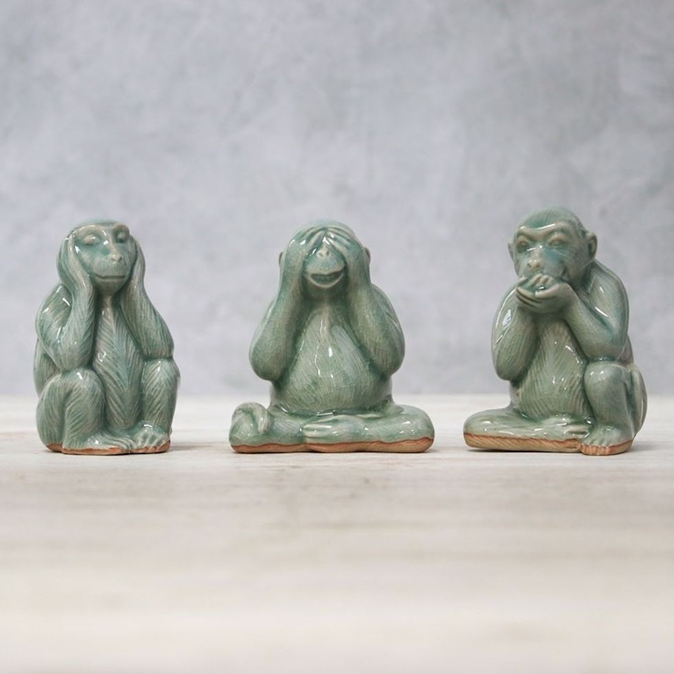 Celadon Ceramic Wise Monkey Figurines Set of 3 'Offering Wisdom'