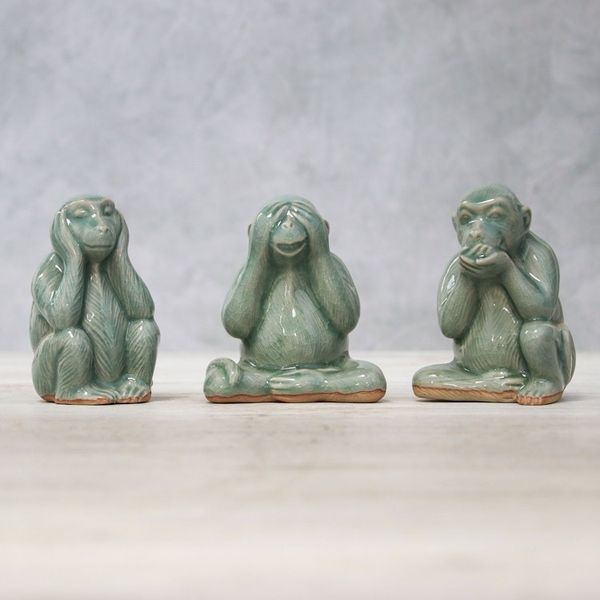 Alternate image for Celadon Ceramic Wise Monkey Figurines Set of 3 Offering Wisdom