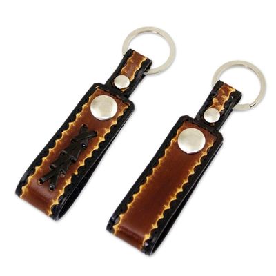 Alternate image for Hand Tooled Brown Leather Key Rings Pair Key to Success in Brown