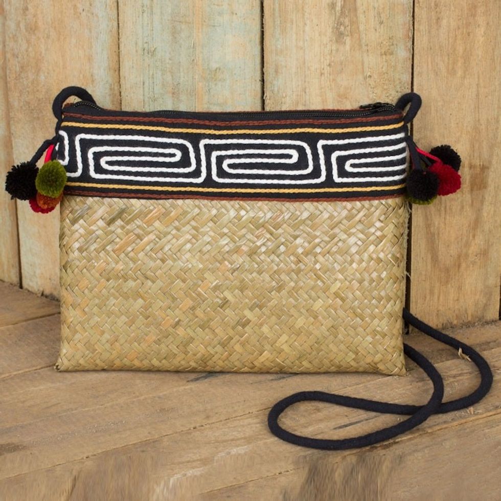 Hand Woven Natural Fiber Shoulder Bag with Thai Pompoms 'Akha Wonder'