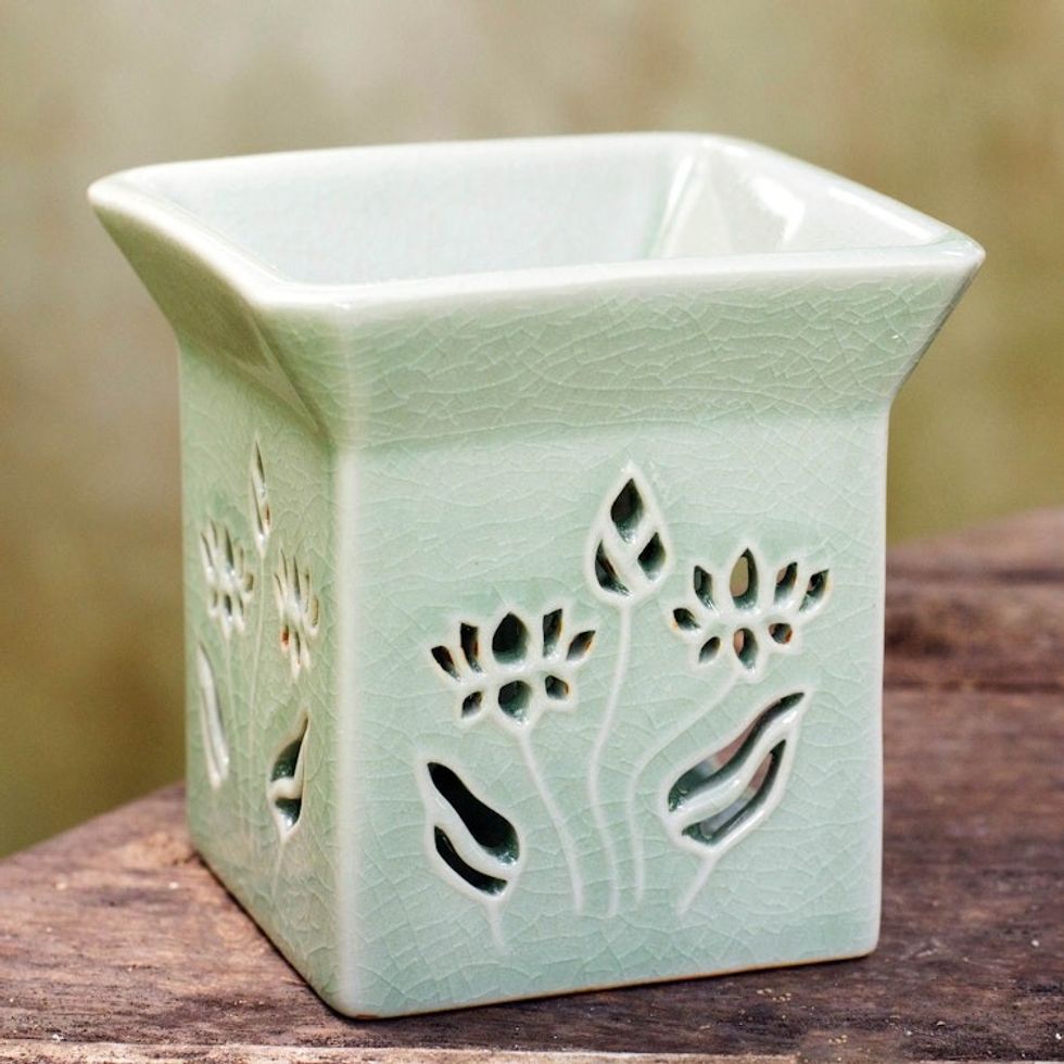 Floral Ceramic Clay Tealight Oil Warmer Handcrafted Thailand 'Lotus Garden'