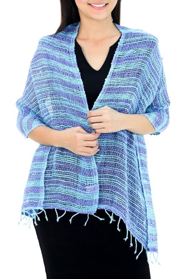 Alternate image for Handmade 100 Cotton Loose Weave Scarf in Blue and Purple Spring Breeze