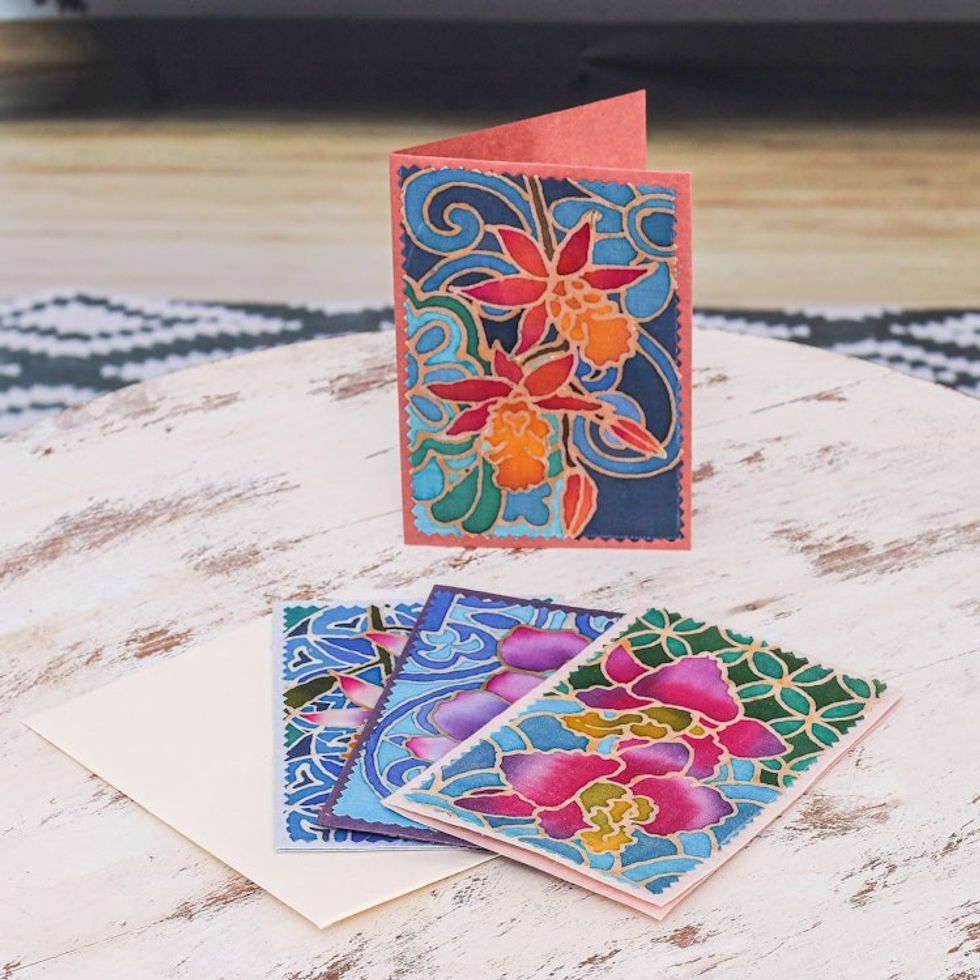 Set of 4 Batik Cotton and Paper Orchid Greeting Cards 'Intense Orchids'