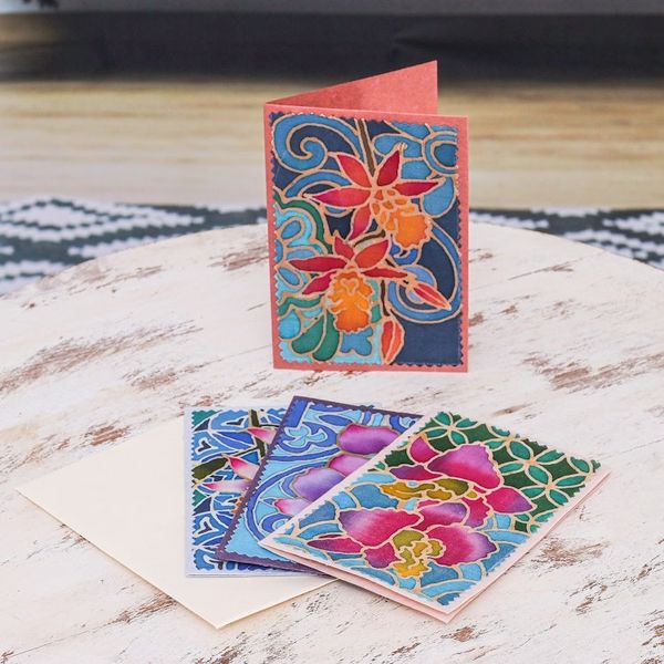 Alternate image for Set of 4 Batik Cotton and Paper Orchid Greeting Cards Intense Orchids