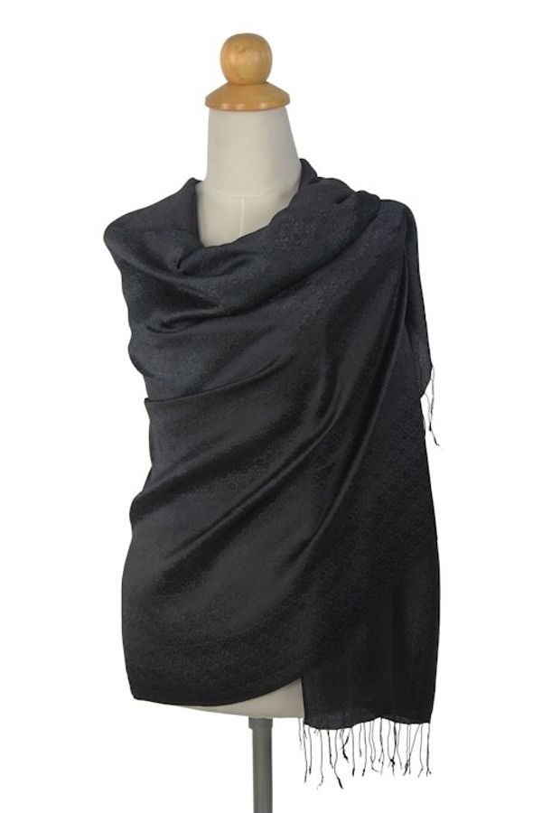 Alternate image for Rayon and Silk Blend Shawl in Black Floral Damask Subtle Elegance in Black