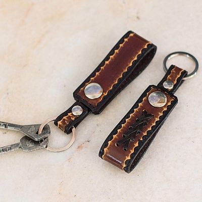 Alternate image for Hand Tooled Brown Leather Key Rings Pair Key to Success in Brown