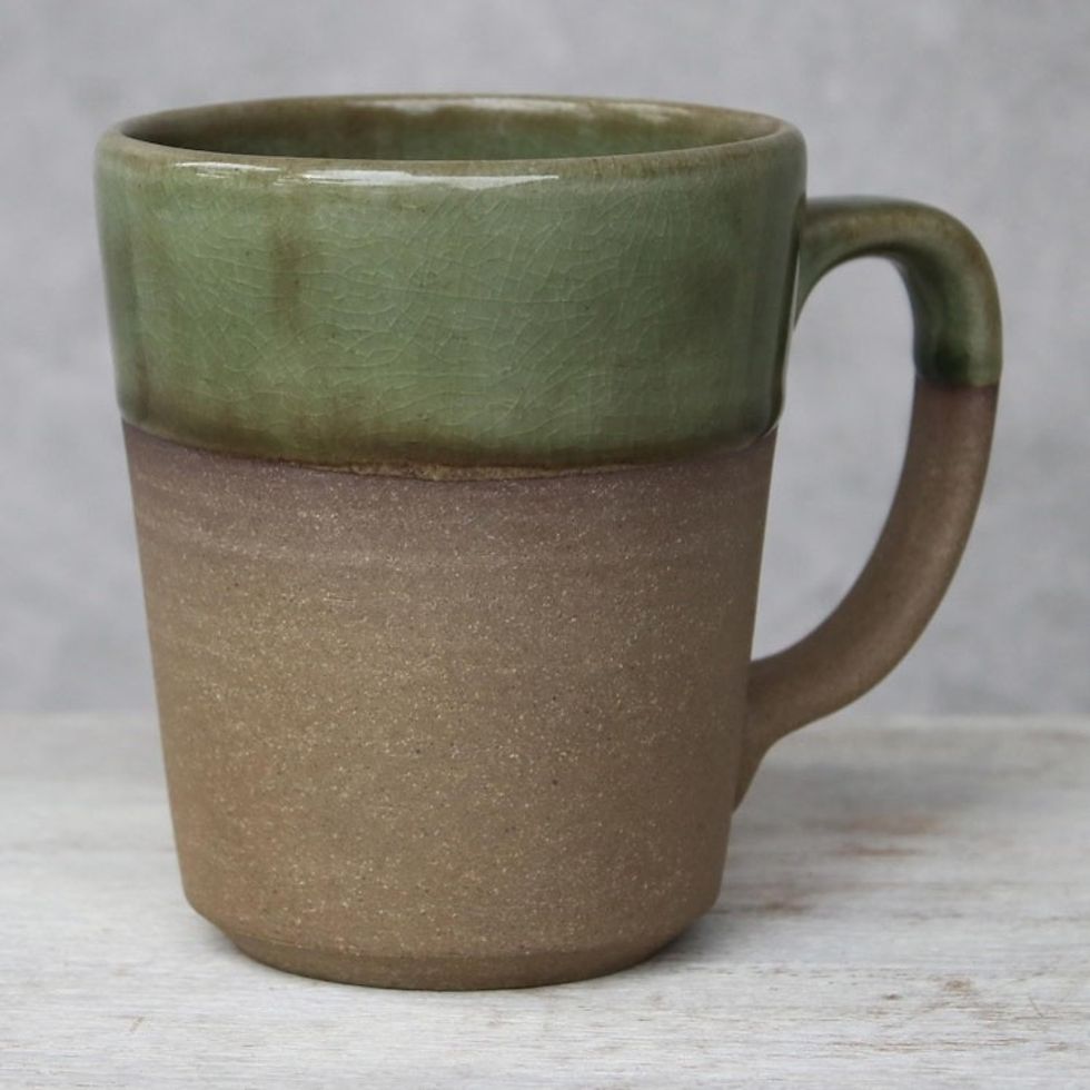 Handcrafted Brown and Green Two-Tone Ceramic Mug 'Green Patina'