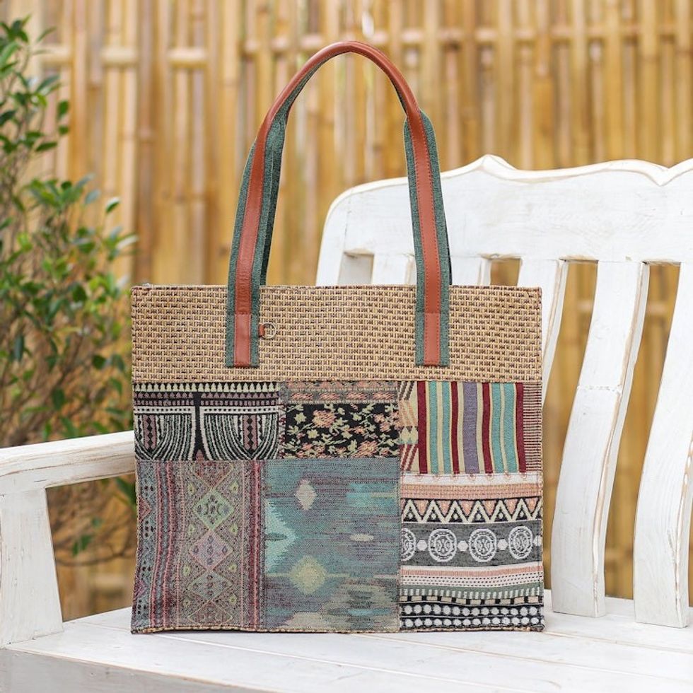 Thai Leather-Accented Cotton Tote Bag 'Chill Night in Green'