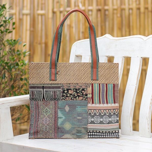 Alternate image for Thai Leather-Accented Cotton Tote Bag Chill Night in Green