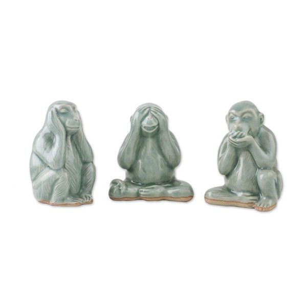 Alternate image for Celadon Ceramic Wise Monkey Figurines Set of 3 Offering Wisdom